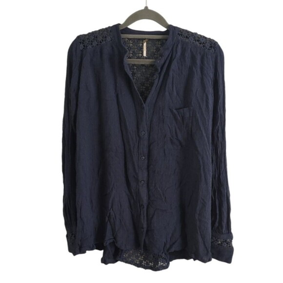 Free People Blue Shirt Womens XS Oversized Button Up Gauze Rayon Cotton Top - Picture 1 of 5